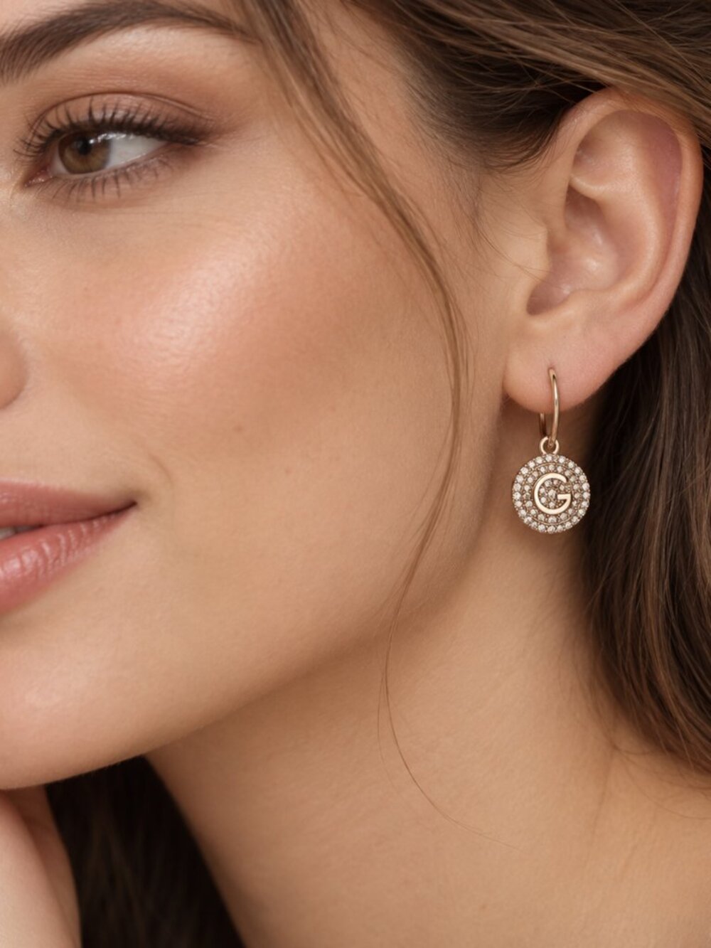 Gold Crystal G Drop Hoop Earrings Dainty Sparkling Round Statement Jewelry
